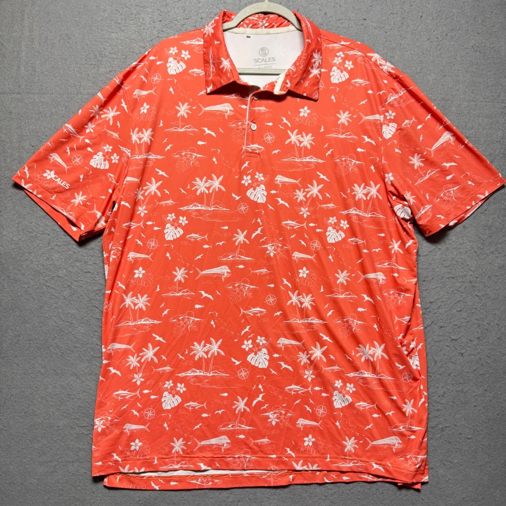 Scales Mens X Large Coral Tropical Fish Palm Tree‎ Print Short Sleeve Polo Shirt
